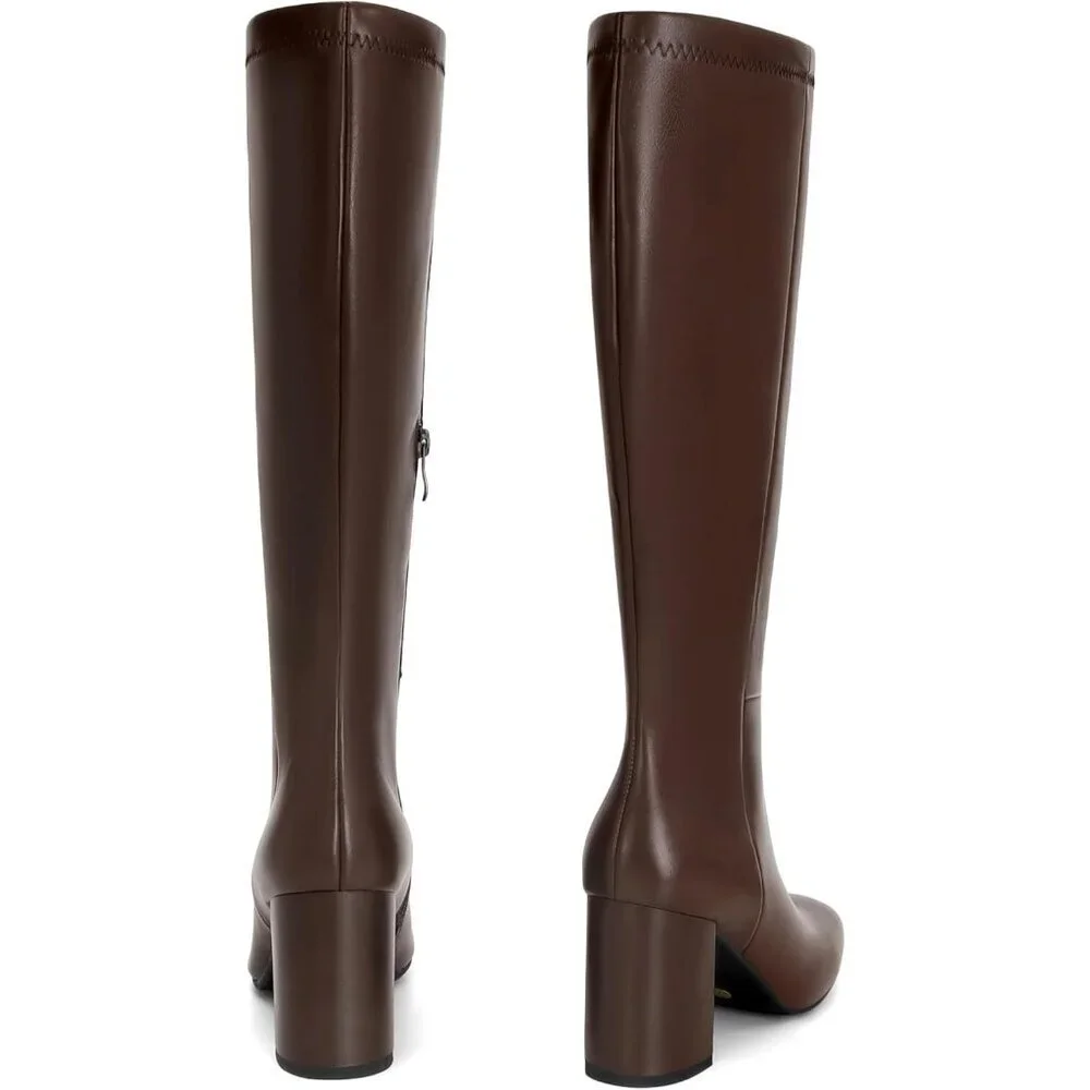 Women's Faux Leather Square Toe Chunky Heel Knee High Boots Side Zip Dark Brown